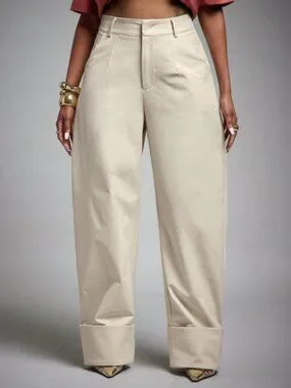 ZARA Beige Casual Women's High Waist Fold Over Cuffed Hem Barrel Leg Trousers